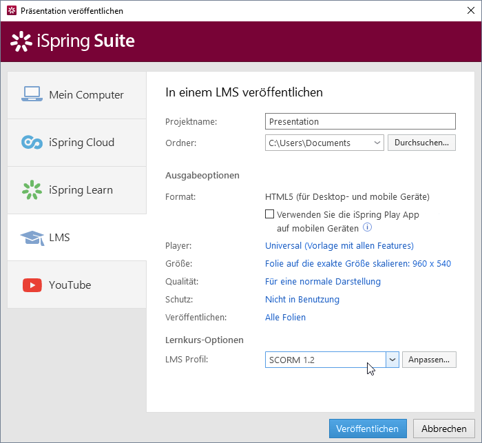 Anpassung der Ausgabeoptionen für Ihren SCORM-Kurs. Anpassung der Ausgabeoptionen für Ihre SCORM-Datei.