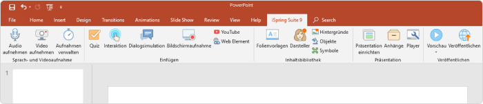 iSpring Suite-Autorentool-Registerkarte in PowerPoint iSpring Suite-Registerkarte mit der Standard-PowerPoint-Oberfläche