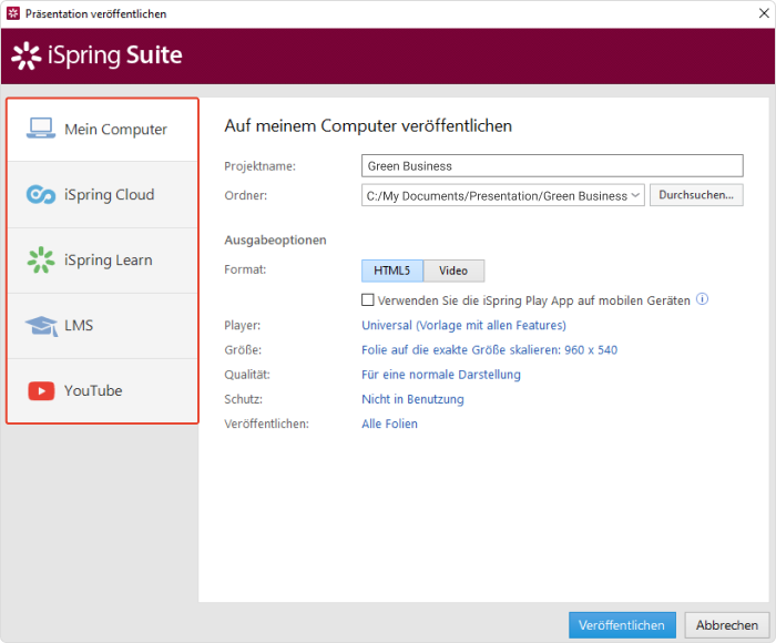 Veröffentlichungsoptionen für die iSpring Suite