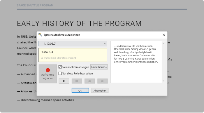 Aufzeichnen der Audionarration in iSpring Suite 