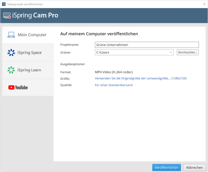 Veröffentlichen eines Videoprojekts Veröffentlichen eines Videoprojekts mit iSpring Suite