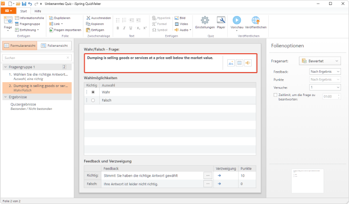 Eine Richtig/Falsch-Frage in iSpring Suite