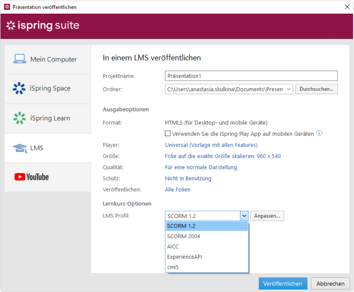 LMS-Profil Auswählen eines LMS-Profils