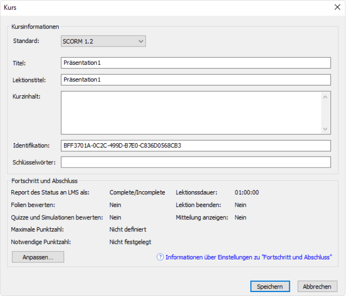 Anpassen der SCORM-Kursoptionen