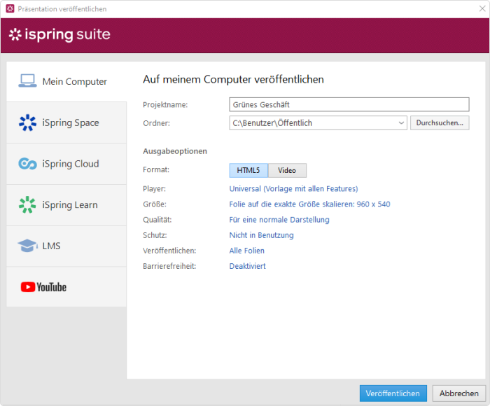 Videopräsentation veröffentlichen Veröffentlichen einer Videopräsentation mit iSpring Suite