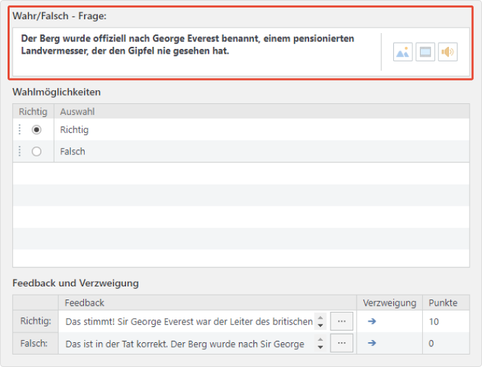 Feld für Wahr-oder-Falsch-Fragen in iSpring QuizMaker