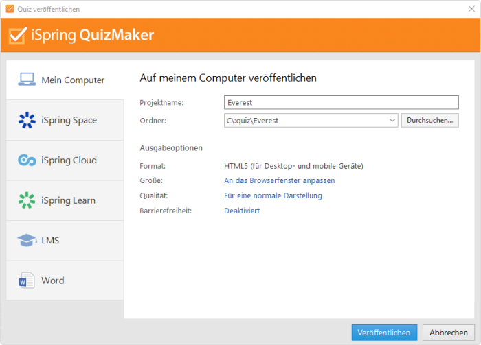Veröffentlichen in iSpring QuizMaker Veröffentlichen in iSpring QuizMaker