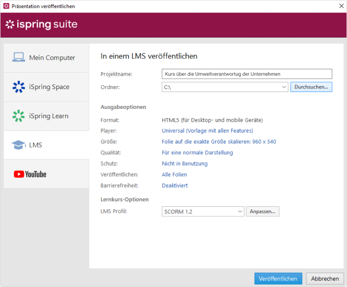 Ausgabeoptionen in der iSpring Suite Ausgabeoptionen für SCORM-konforme Kurse in der iSpring Suite