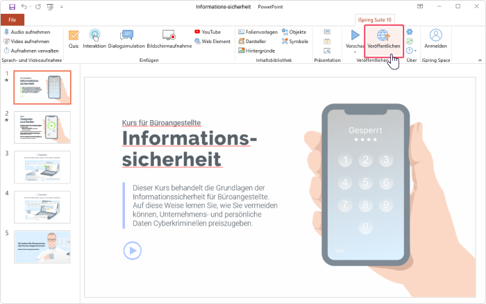 Schaltfläche Veröffentlichen auf dem iSpring-Menüband xAPI-Kurs in iSpring Suite