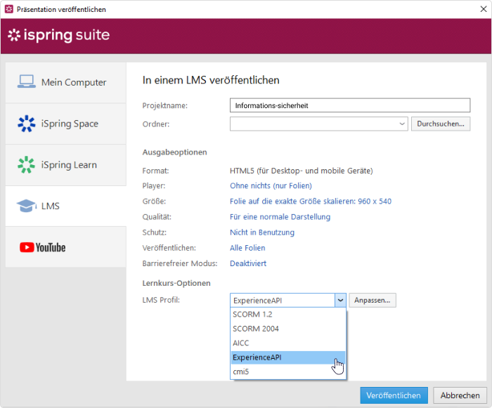 LMS-Profilmenü LMS-Profilmenü in iSpring Suite