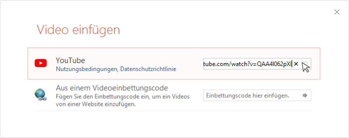 Einfügen des Links zu einem YouTube-Video