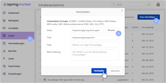 Inhalt auf iSpring Market-Kursplattform hochladen Online-Marktplatz erstellen und Kurse hochladen