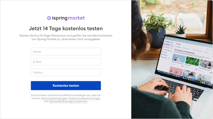 iSpring Market Testversion-Seite Kostenlose Testversion von iSpring Market, um einen Online Marktplatz zu erstellen