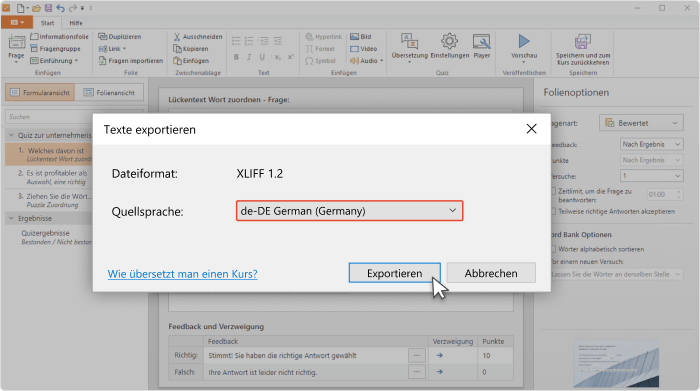 Die Datei wird im XLIFF-Format gespeichert Die Datei wird im XLIFF-Format gespeichert