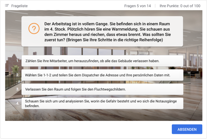 Fragment aus dem Quiz zum Brandschutz, das in der iSpring Suite erstellt wurde