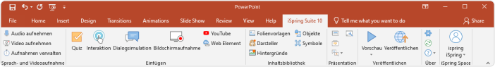 iSpring Suite-Autorentool-Registerkarte in PowerPoint iSpring Suite-Registerkarte mit der Standard-PowerPoint-Oberfläche