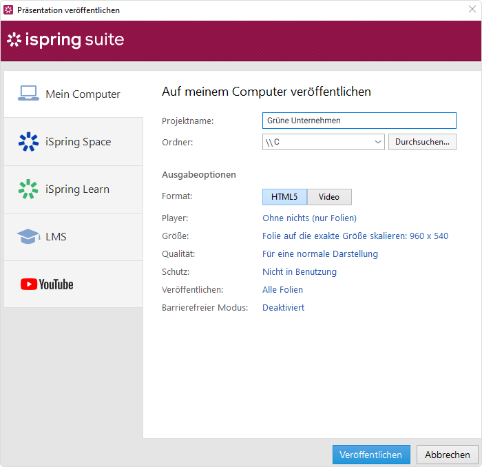 Veröffentlichungsoptionen für die iSpring Suite Veröffentlichungsoptionen für die iSpring Suite