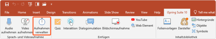 Schaltfläche Aufnahmen verwalten Schaltfläche Aufnahmen verwalten in iSpring Suite