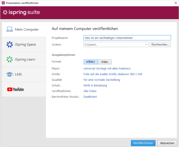Schaltfläche Veröffentlichen Schaltfläche Veröffentlichen in iSpring Suite