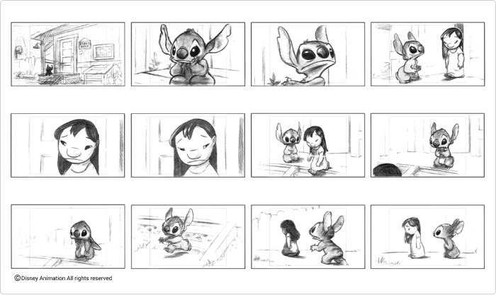 Ein Beispiel für ein Storyboard für einen Disney-Cartoon