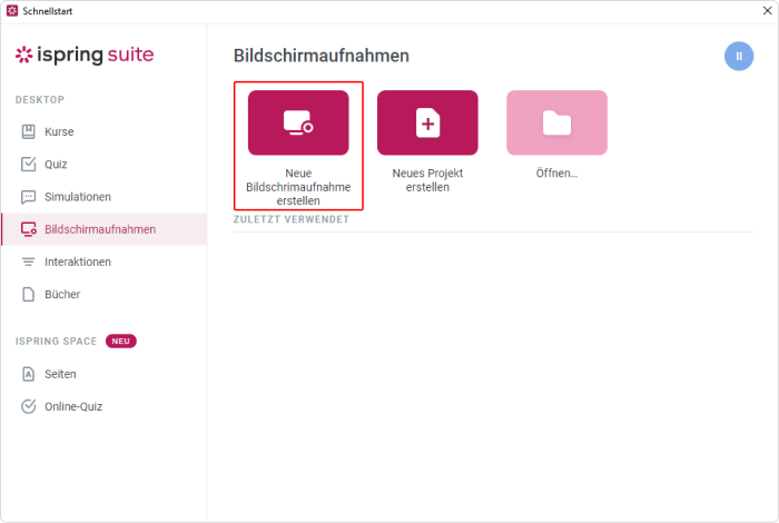 iSpring Suite Schnellstartfenster iSpring Suite Schnellstartfenster für Ihr E-Learning