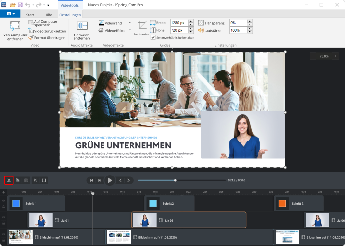 Herausschneiden unerwünschter Teile Ihres E-Learning-Videos Scheren-Symbol in iSpring Suite