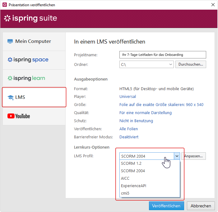 Online-Schulungstool iSpring Suite Schnelle Veröffentlichung in LMS