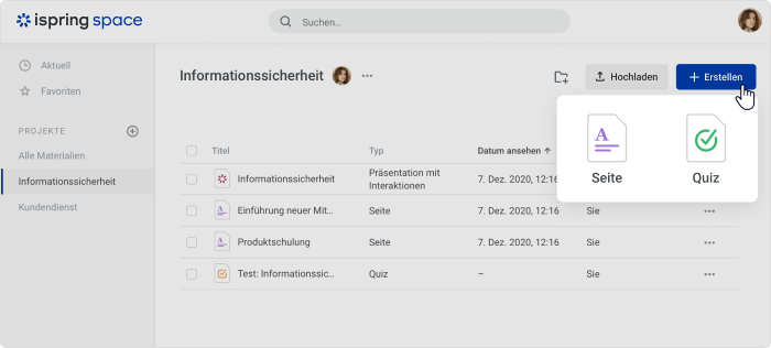 Kurse und Quiz in iSpring Space Erstellen Sie Kurse und Quiz