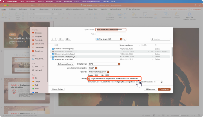 Aufgezeichnete Zeitabläufe und Kommentare in PowerPoint auf Mac verwenden