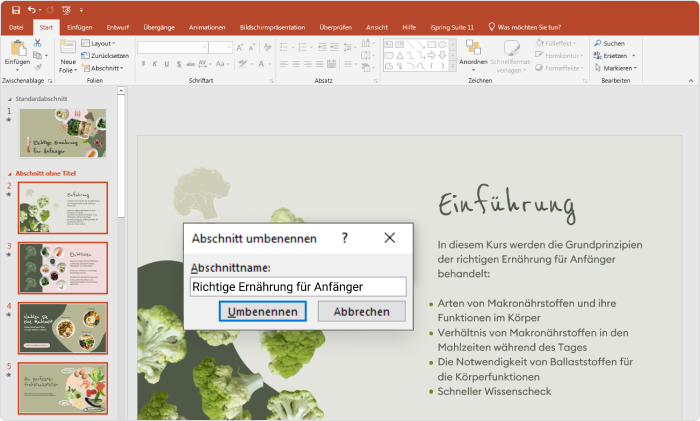 Benennen von Abschnitten in PowerPoint