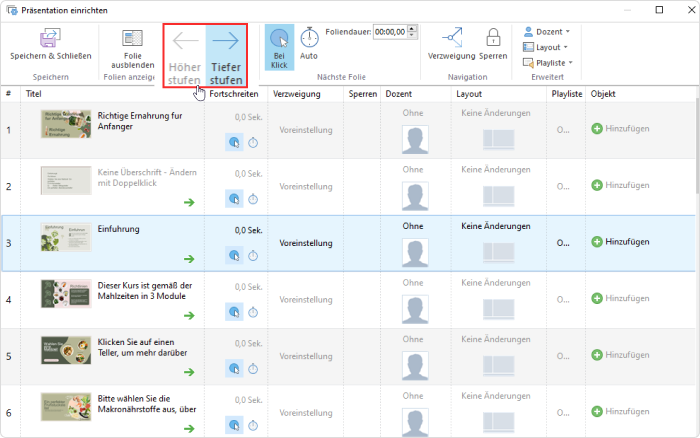 Schaltflächen für Höher stufen und Tiefer stufen in iSpring Suite