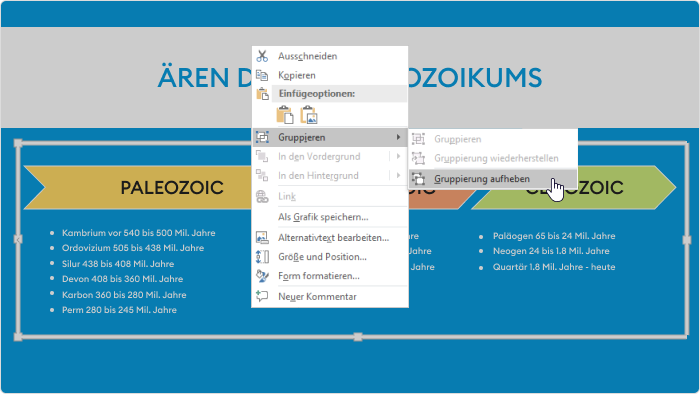 Gruppieren > Gruppierung aufheben Rechtsklickmenü in PowerPoint 2013 für eine zusammengesetzte Form