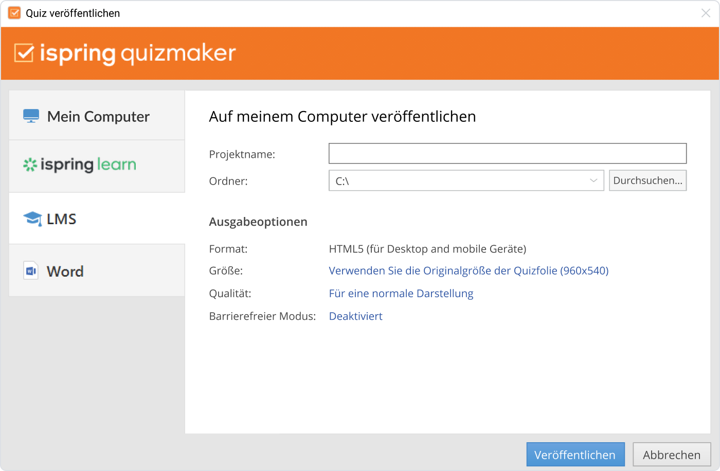 Veröffentlichen in iSpring QuizMaker Veröffentlichen in iSpring QuizMaker