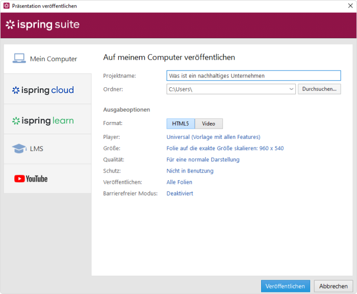 Schaltfläche Veröffentlichen in iSpring Suite Schaltfläche Veröffentlichen in iSpring Suite