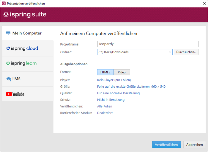 Veröffentlichen einer Präsentation mit iSpring Suite