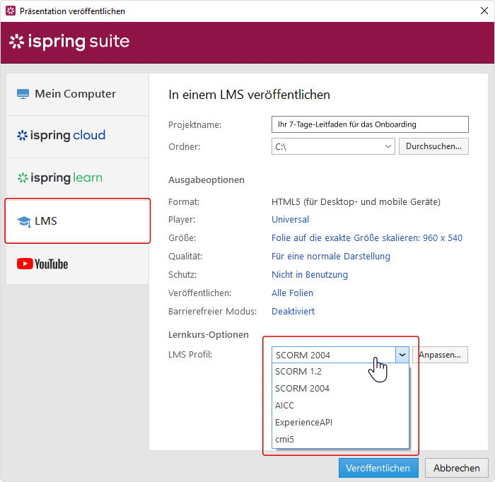 Anpassung der Ausgabeoptionen zum Erstellen Ihrer SCORM-Datei