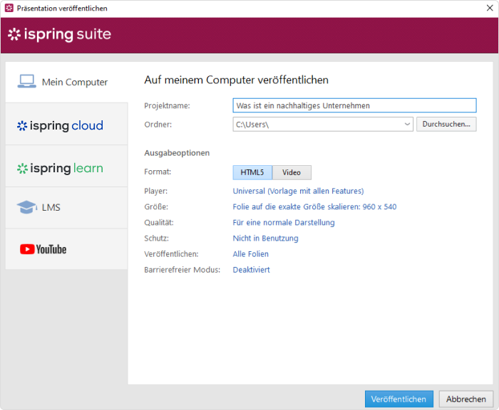 Veröffentlichen einer Videopräsentation mit iSpring Suite