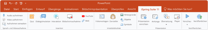 iSpring Suite-Registerkarte mit der Standard-PowerPoint-Oberfläche