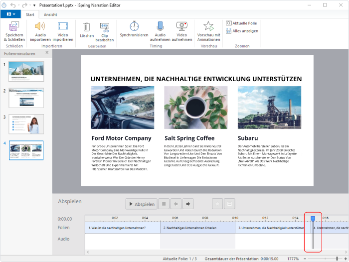 Das Narration Editor Fenster in iSpring Suite