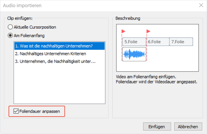 Das Audio importieren Fenster in iSpring Suite
