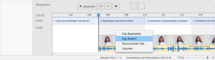 Die Option Clip ändern in der Zeitleiste es Editors