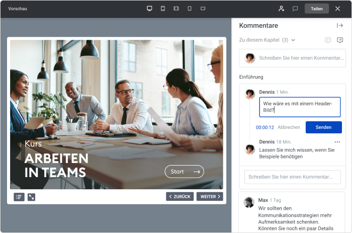 Arbeiten Sie mit Teamkollegen an einem Projekt zusammen Arbeiten Sie mit Teamkollegen an E-Learning-Content