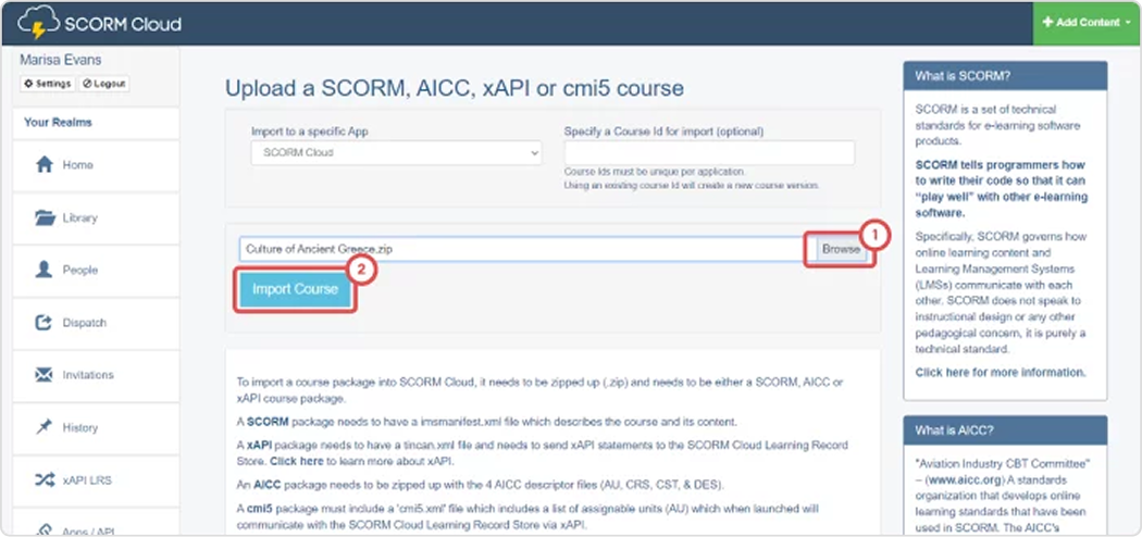 Datei auswählen Datei auswählen mit SCORM Cloud