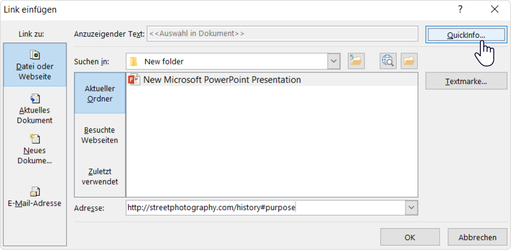 Link in PowerPoint einfügen: Quickinfo 