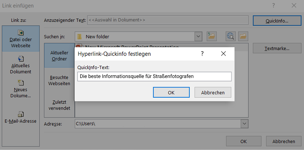 Link in PowerPoint einfügen: Quickinfo-Text
