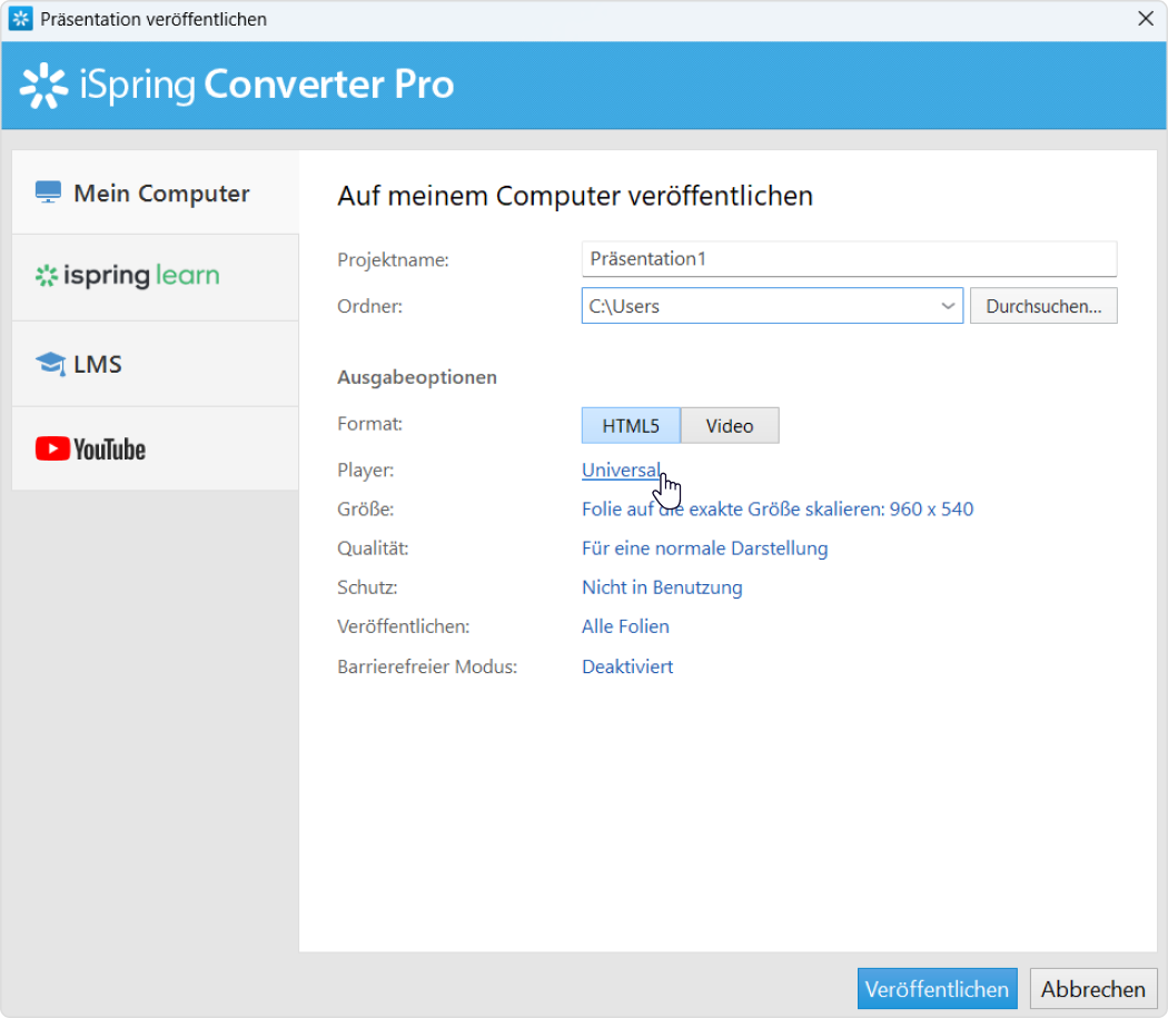 Link in PowerPoint einfügen: universal Player in iSpring Converter Pro