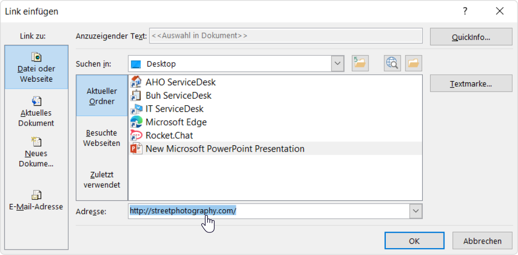 Link in PowerPoint einfügen: Webseiten Hyperlink