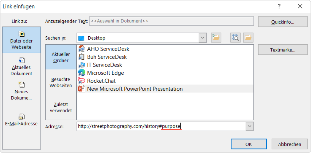 Link in PowerPoint einfügen: Textmarke Hyperlinks in PPT
