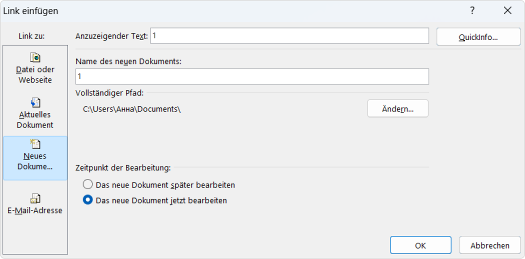 Link in PowerPoint einfügen: neues Dokument