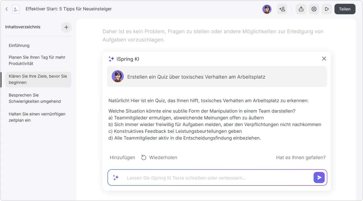 Quiz mit iSpring Suite AI erstellen